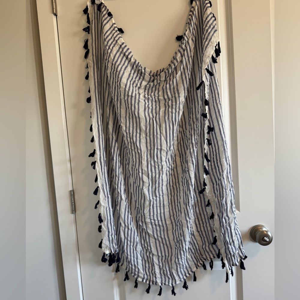 Blue and White Striped Tassel Scarf